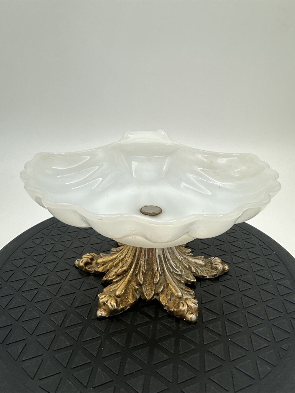 Vintage Milk Glass Shell Soap Trinket Dish with Metal Brass Footed Base